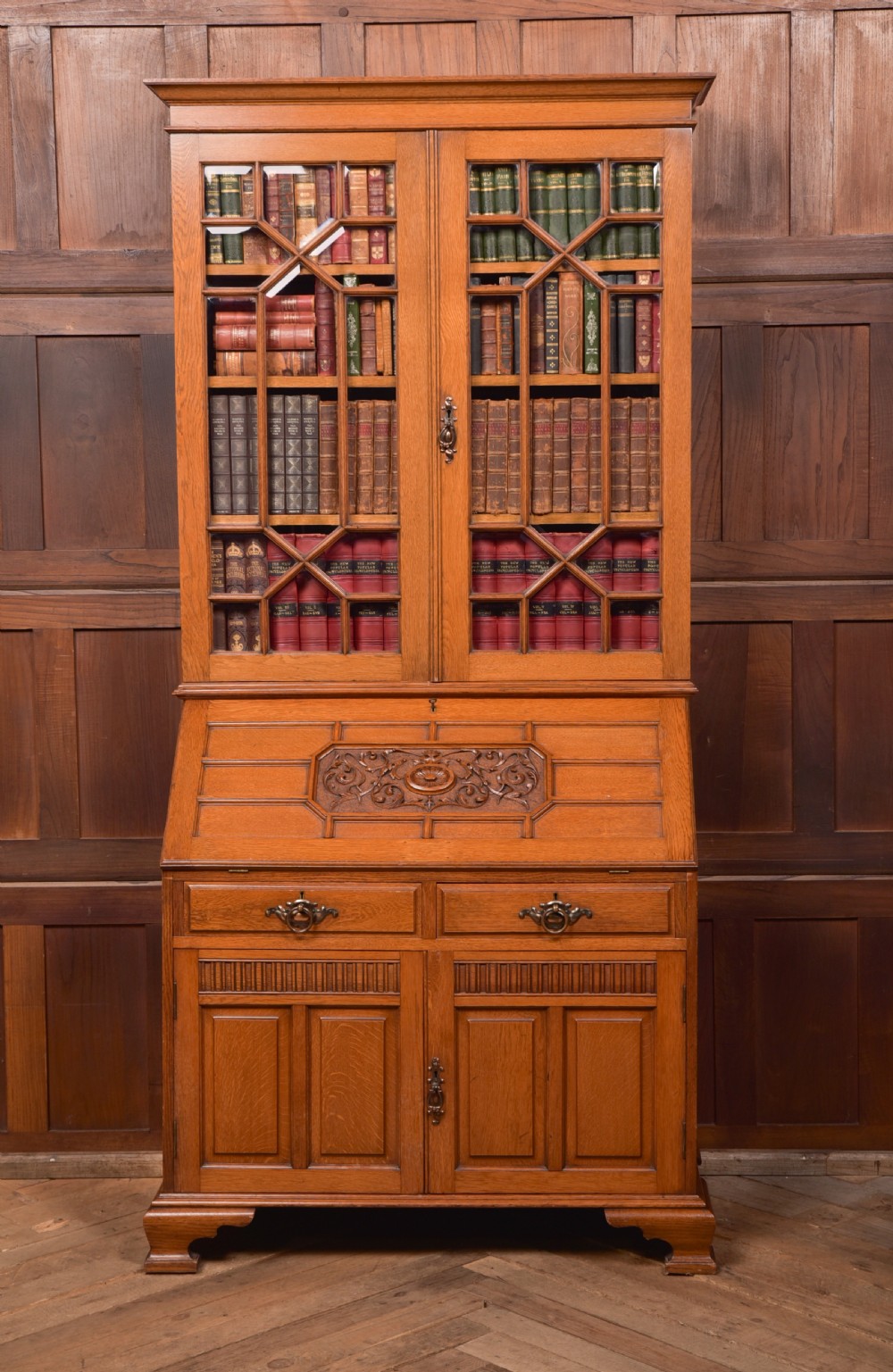 Edwardian Oak Bureau Bookcase View XVIII