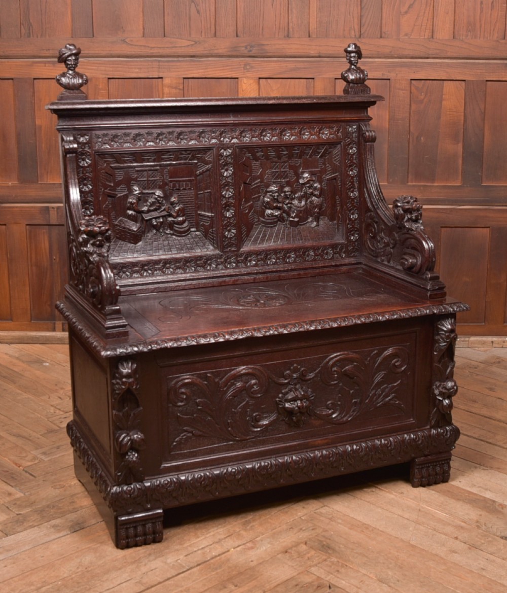 Oak Carved Monks Bench 