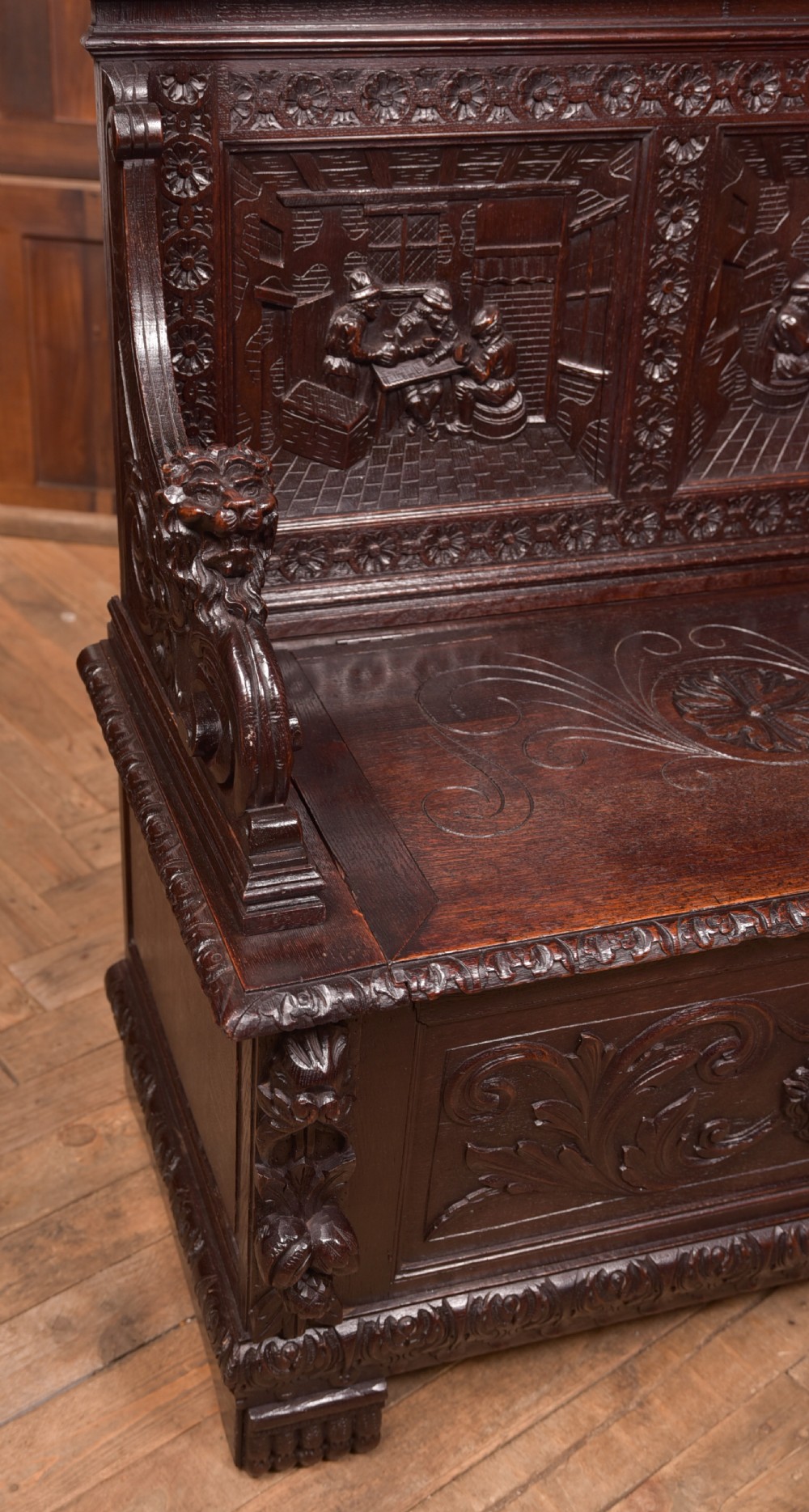 Oak Carved Monks Bench  View IV