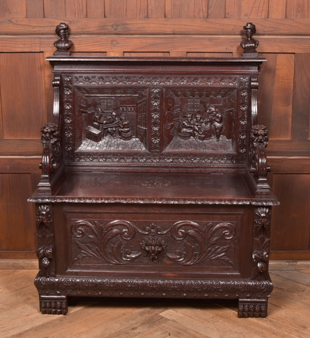 Oak Carved Monks Bench  View V