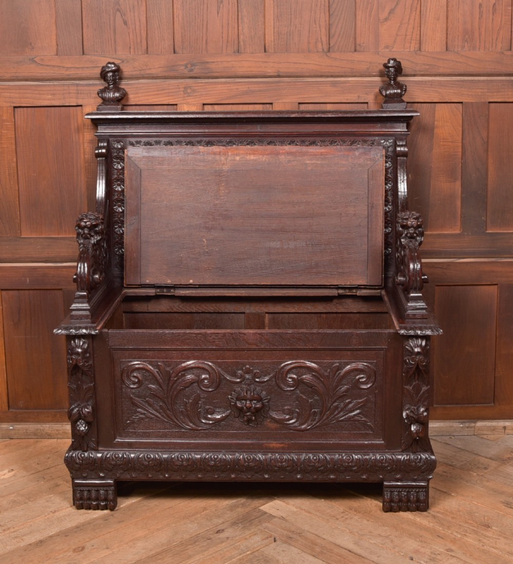 Oak Carved Monks Bench  View VI