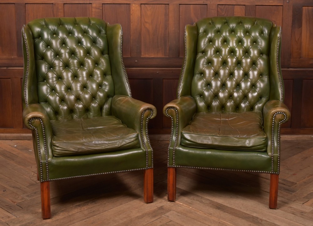 Pair of Green Leather Chesterfield Button Back Chairs