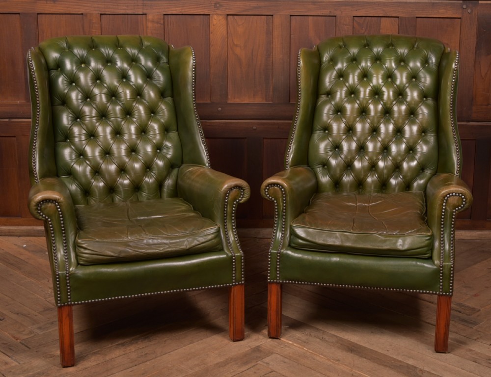 Pair of Green Leather Chesterfield Button Back Chairs View IV