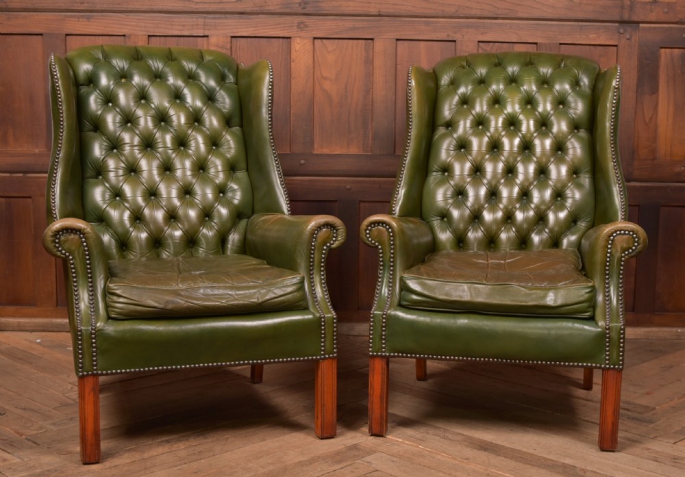 Pair of Green Leather Chesterfield Button Back Chairs View V
