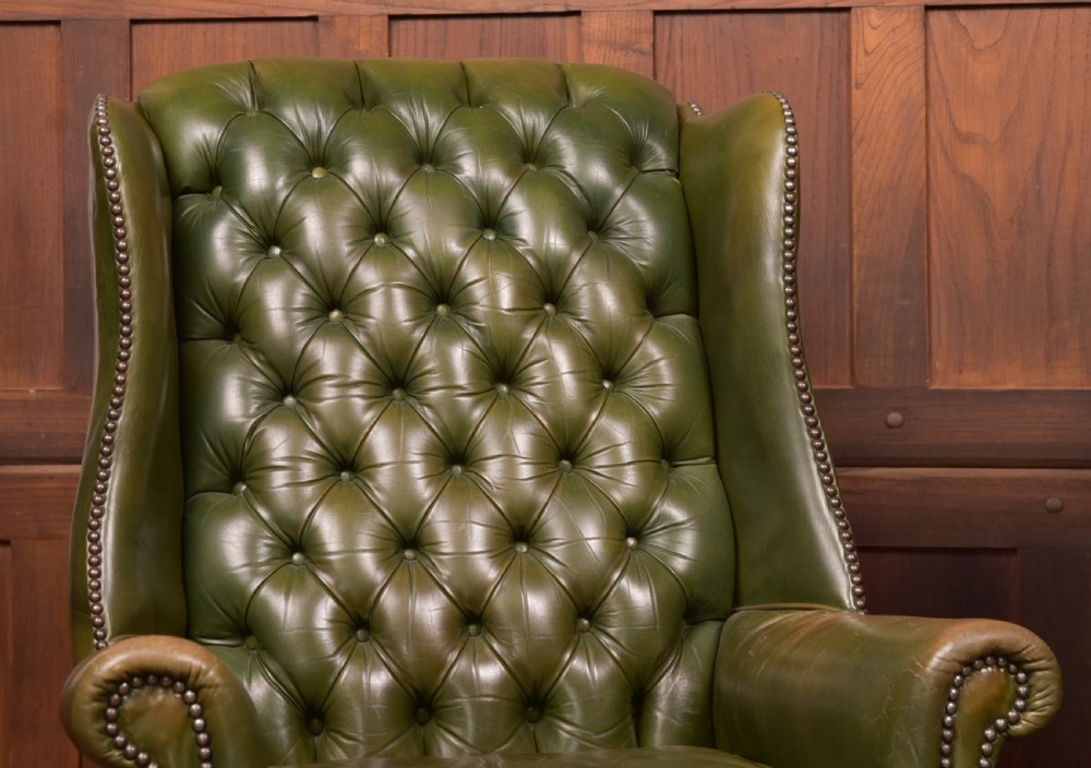 Pair of Green Leather Chesterfield Button Back Chairs View VI