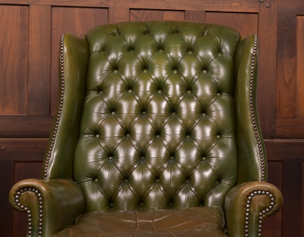 Pair of Green Leather Chesterfield Button Back Chairs View VII