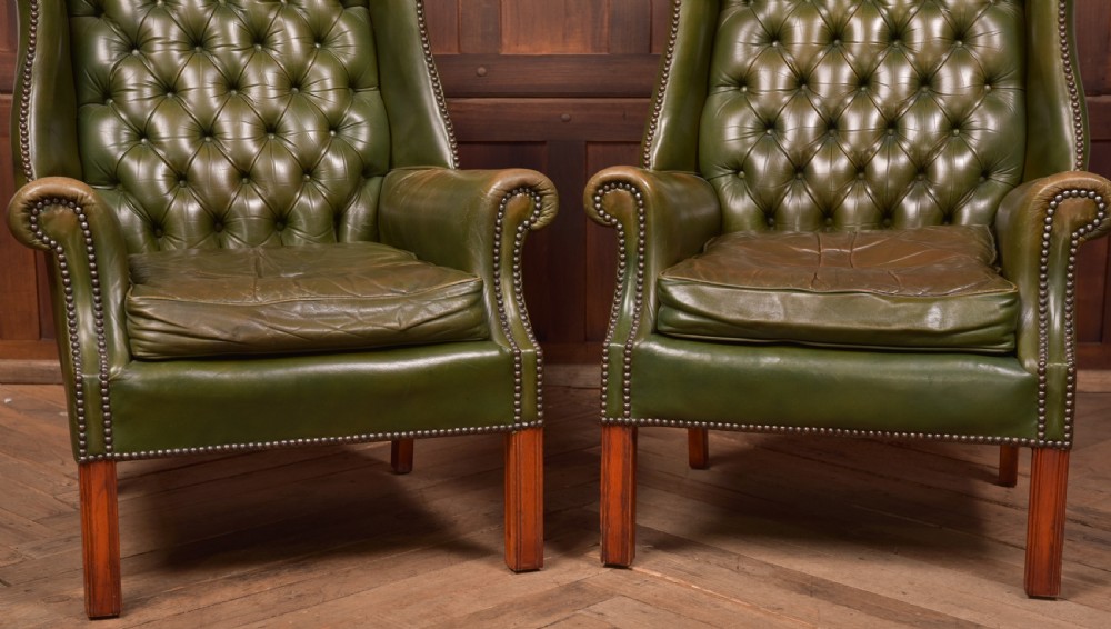 Pair of Green Leather Chesterfield Button Back Chairs View VIII