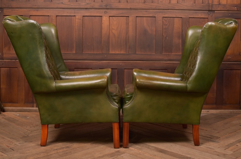 Pair of Green Leather Chesterfield Button Back Chairs View IX