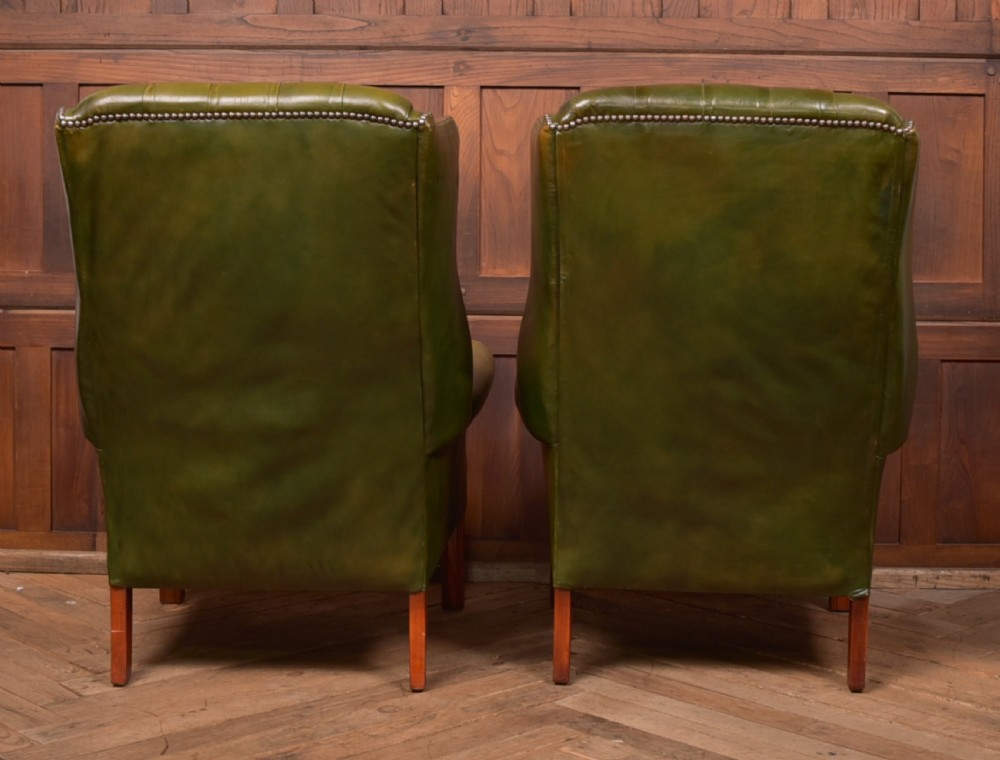 Pair of Green Leather Chesterfield Button Back Chairs View X