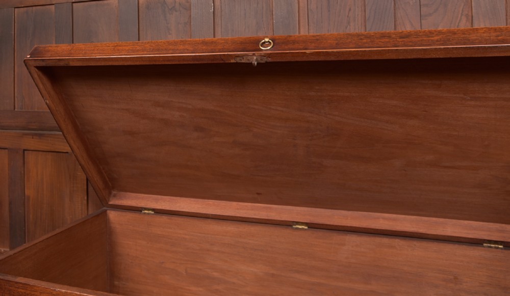 A Georgian mahogany mule chest featuring a hinged top lid above two lower drawers fitted with brass handles and keyhole escutcheons. View XVI