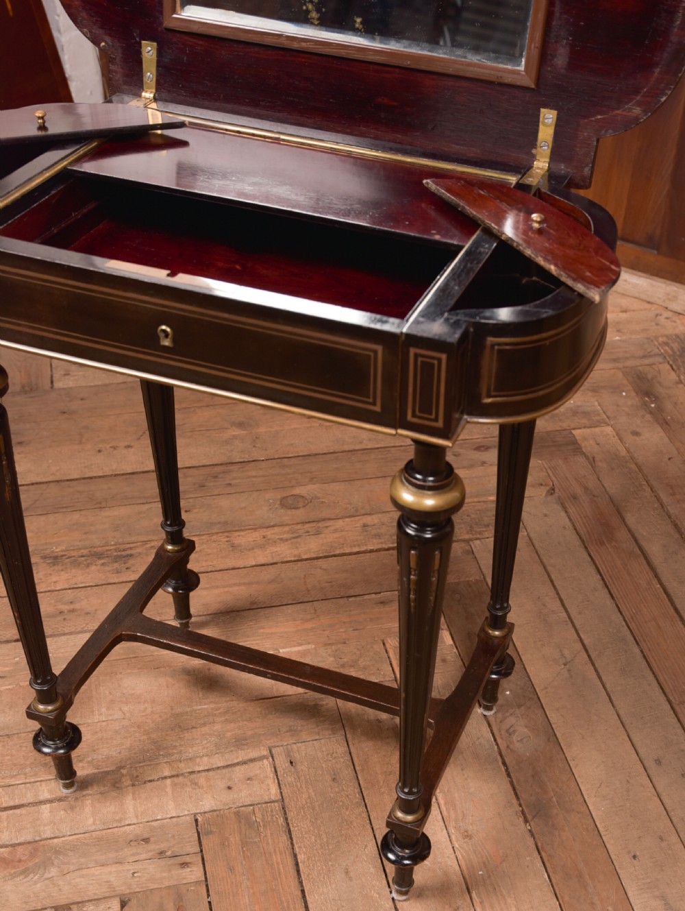 Victorian Ebony and Brass Work Table View X