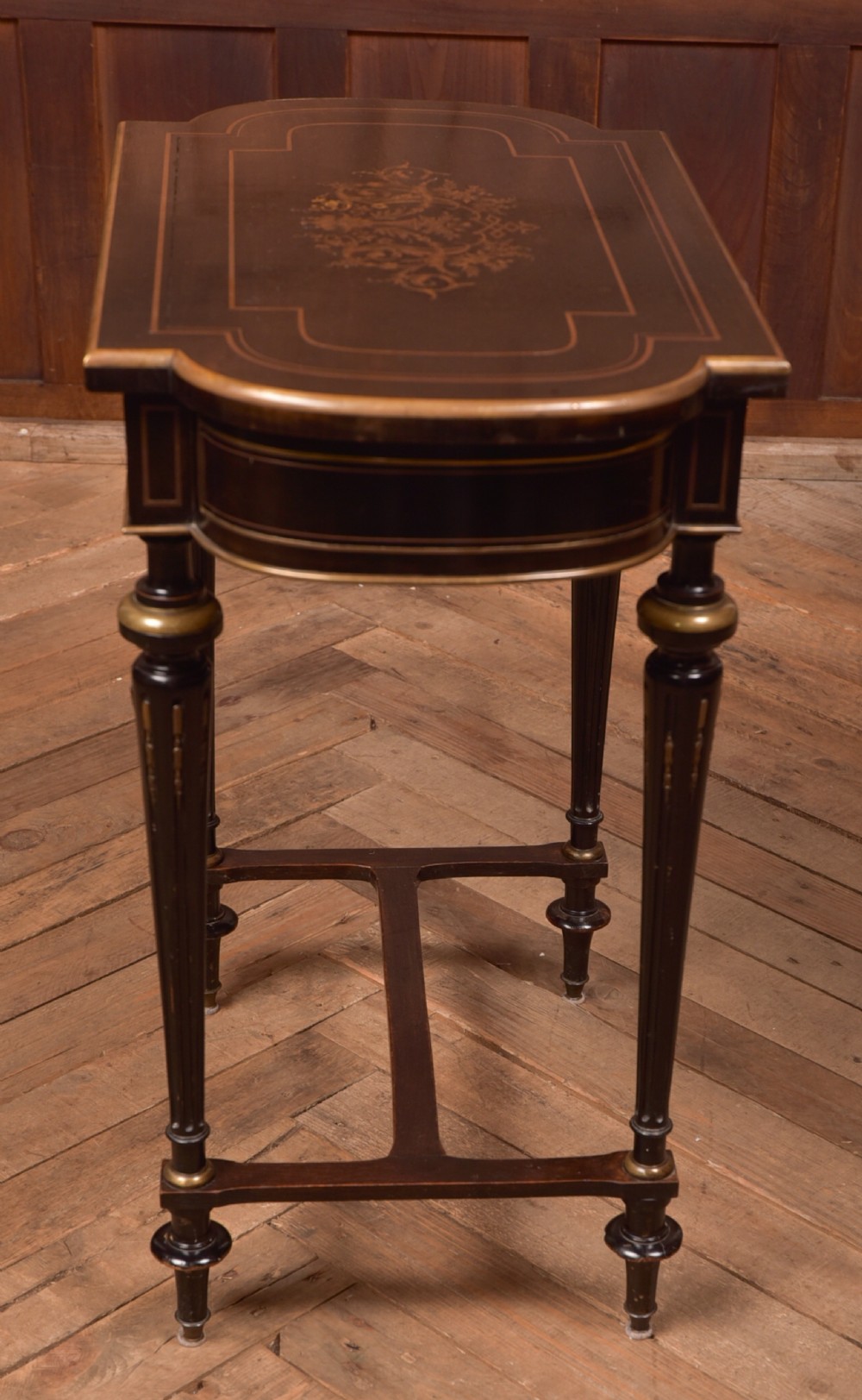 Victorian Ebony and Brass Work Table View XVI