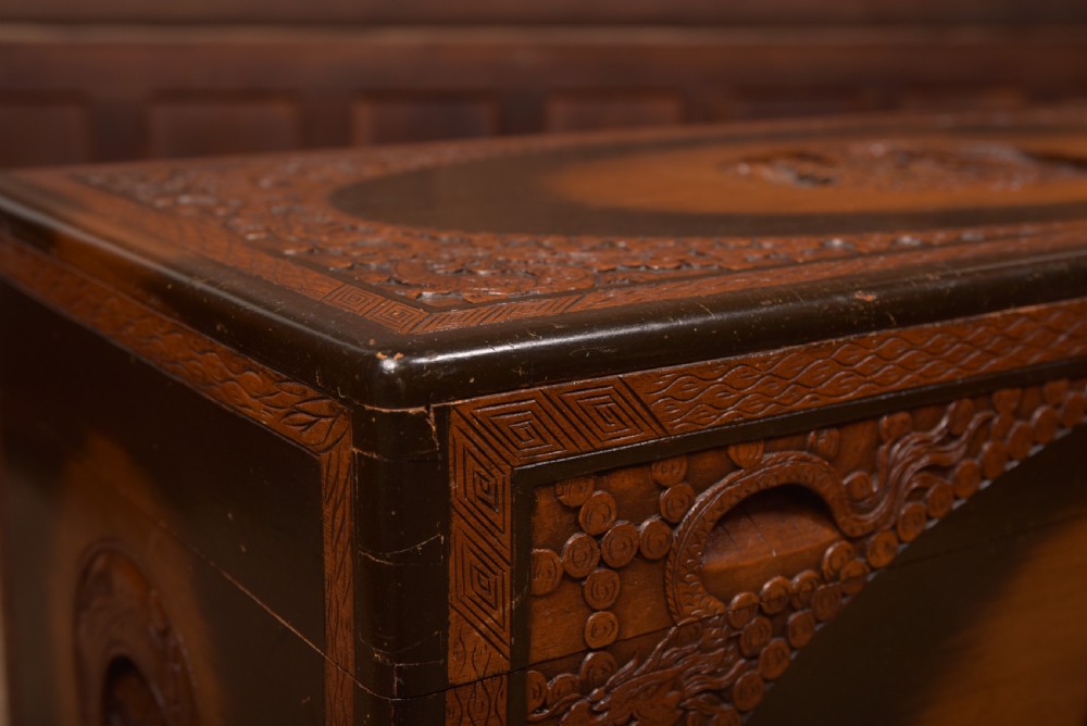 A hand-carved Chinese camphor wood storage chest featuring an oval relief medallion, dragon carvings, and a brass latch plate. View II