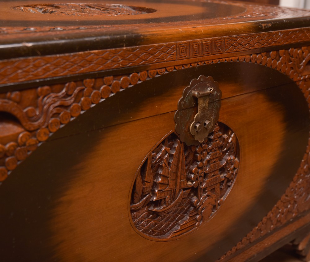 A hand-carved Chinese camphor wood storage chest featuring an oval relief medallion, dragon carvings, and a brass latch plate. View III