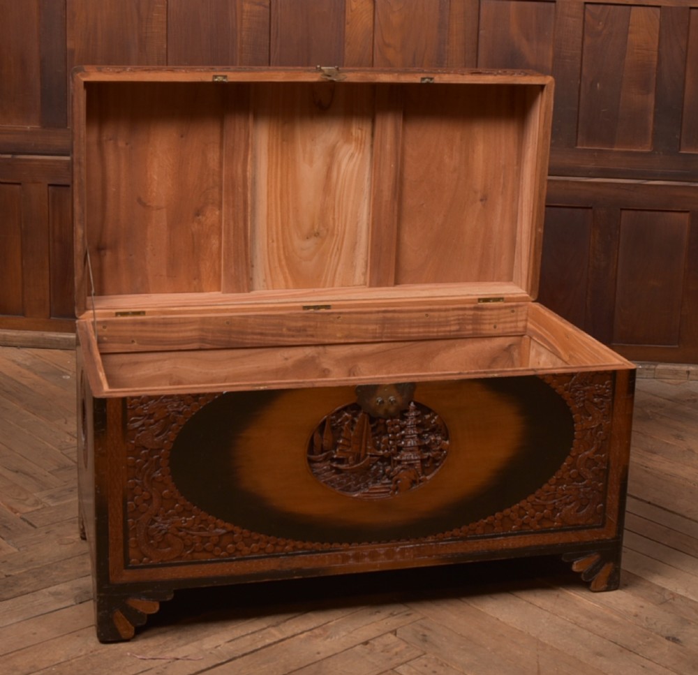 A hand-carved Chinese camphor wood storage chest featuring an oval relief medallion, dragon carvings, and a brass latch plate. View VI