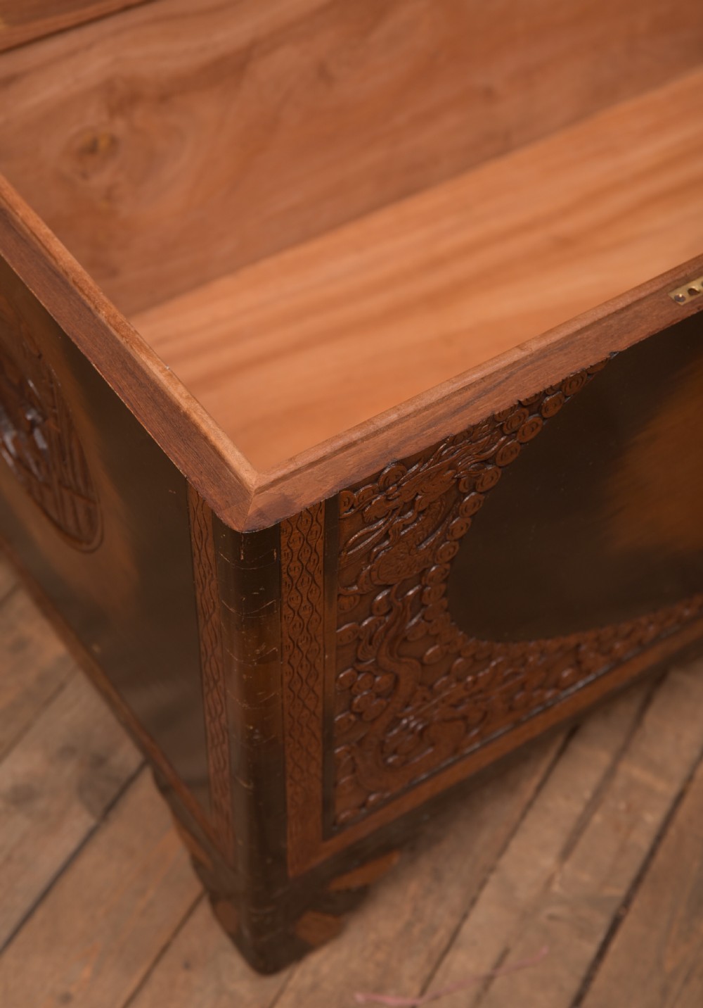 A hand-carved Chinese camphor wood storage chest featuring an oval relief medallion, dragon carvings, and a brass latch plate. View XI