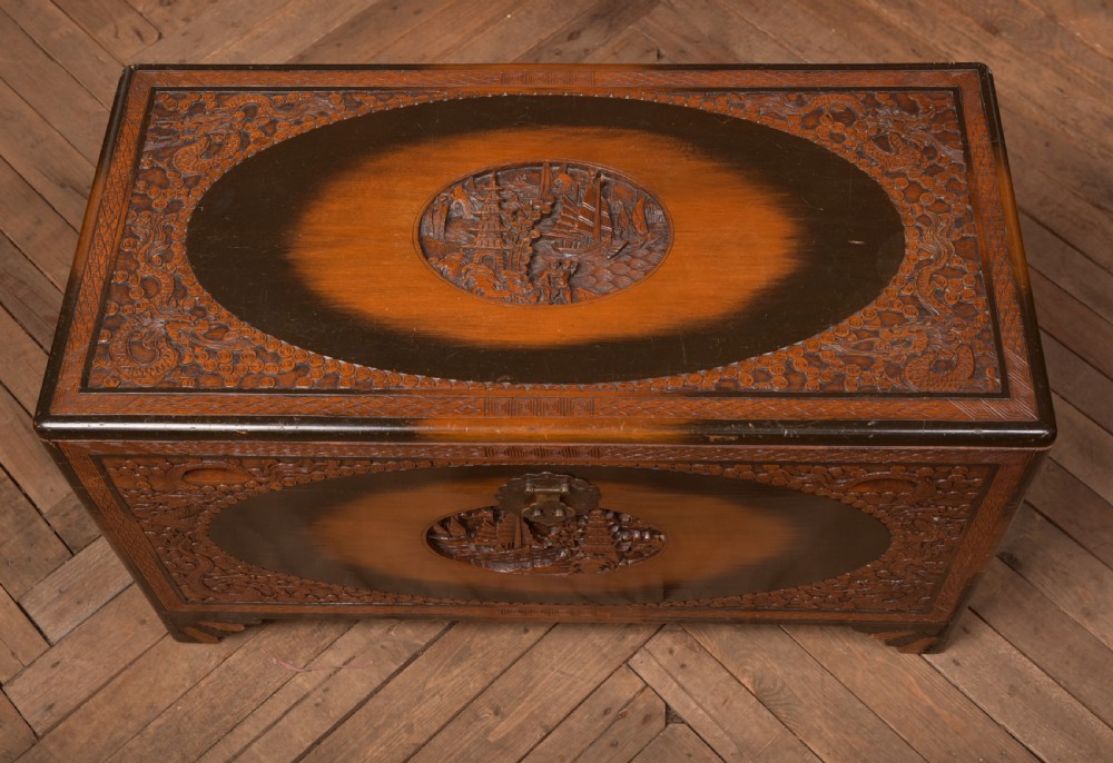 A hand-carved Chinese camphor wood storage chest featuring an oval relief medallion, dragon carvings, and a brass latch plate. View XVI