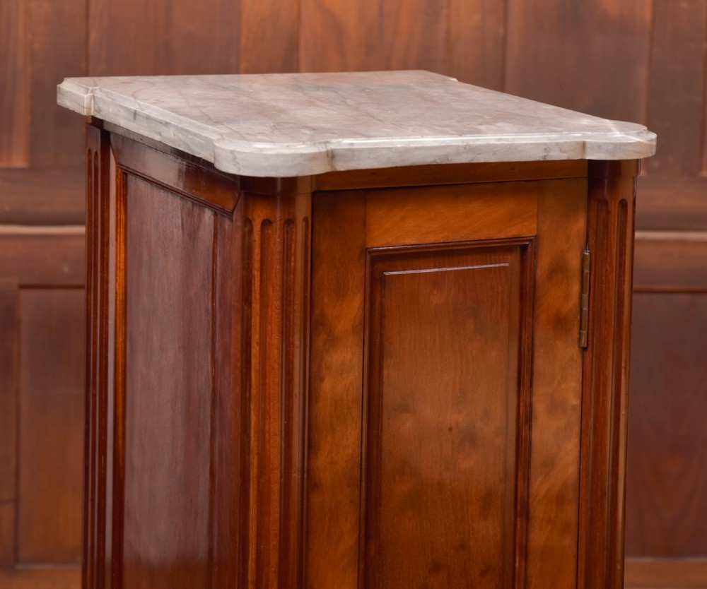 A tall Victorian mahogany cabinet featuring a single panelled door, fluted corner columns, a brass escutcheon, and a white marble top. View II