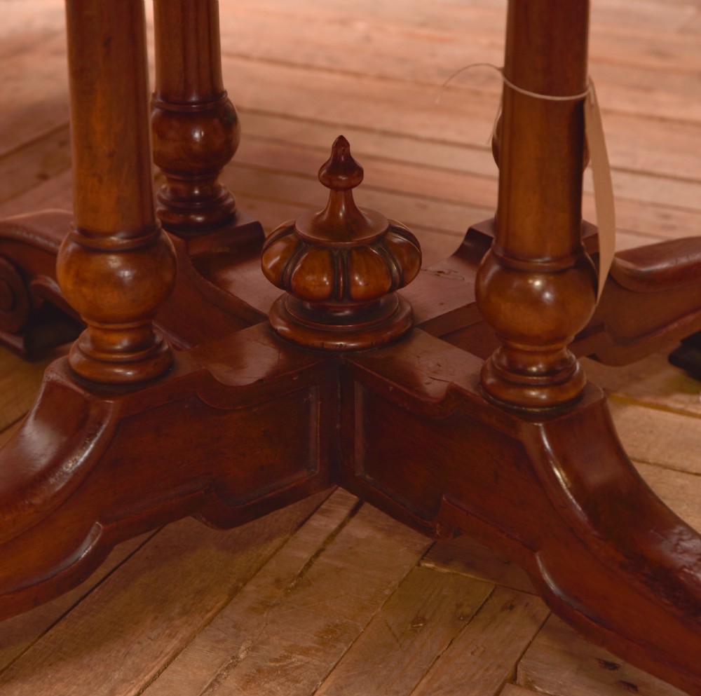 A Victorian octagonal mahogany centre table with a brown leather-inset top, four turned support columns, and a quadruped base with scroll feet. View XI