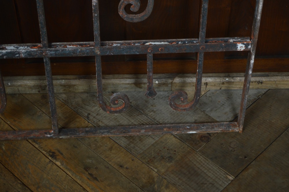 A pair of rectangular wrought iron gate panels featuring central circular scrollwork and decorative rosettes. View X