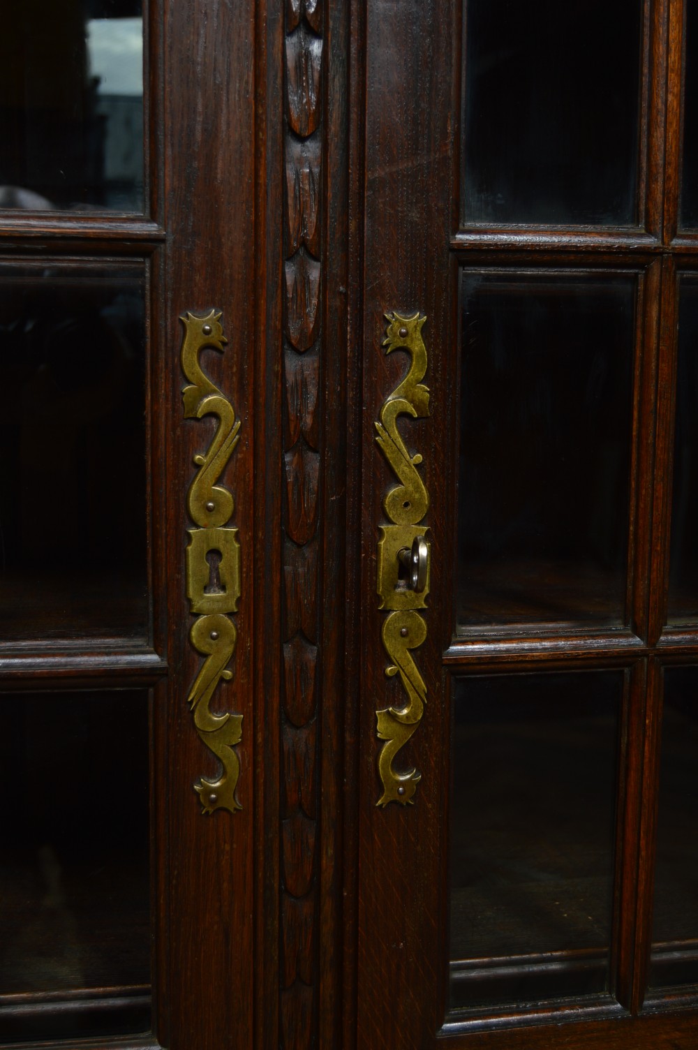 A dark carved oak display cabinet featuring two glazed doors with upper floral carvings and central brass key escutcheons. View VI
