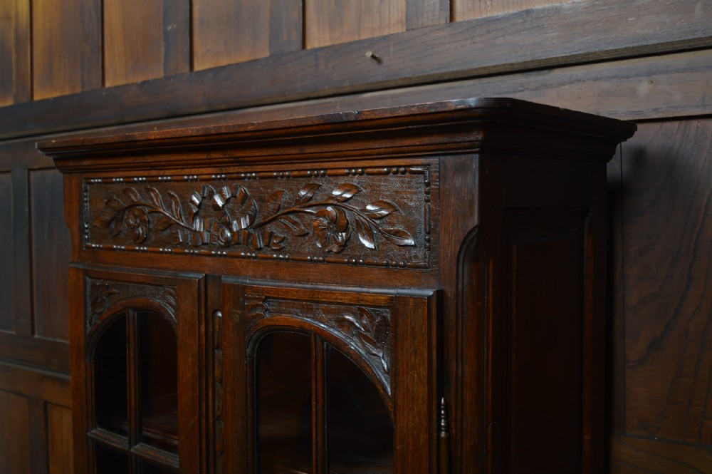 A dark carved oak display cabinet featuring two glazed doors with upper floral carvings and central brass key escutcheons. View IX
