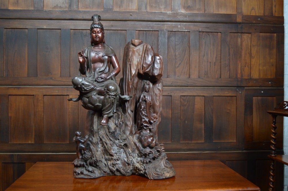 Guanyin Bodhisattva bronze with Root Wood Stand View III