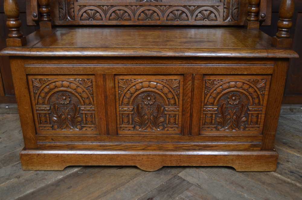 Edwardian Oak Monk's Bench / Hall Seat/ Settle View IX