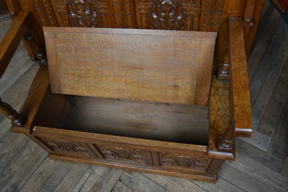 Edwardian Oak Monk's Bench / Hall Seat/ Settle View XI