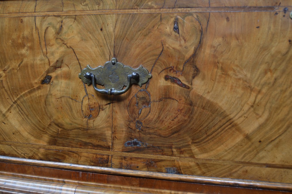 A Georgian walnut chest on stand with layered drawers, decorative brass drop handles, and carved cabriole legs. View VII