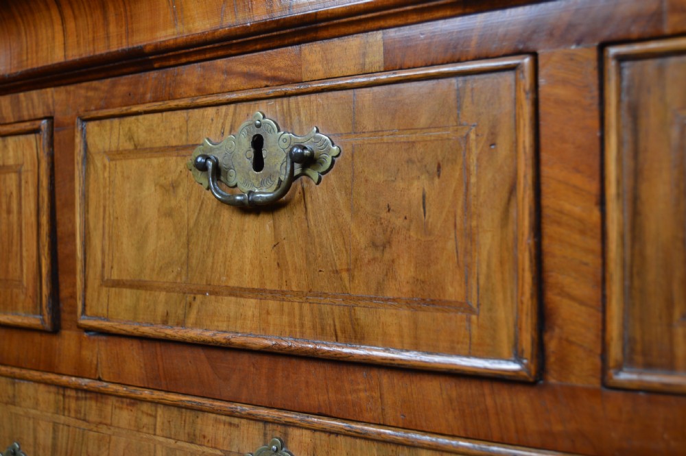 A Georgian walnut chest on stand with layered drawers, decorative brass drop handles, and carved cabriole legs. View XIV
