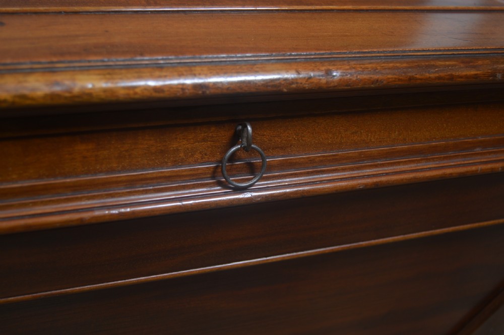 A mahogany sarcophagus-shaped cellarette featuring a tapered wooden body, stepped hinged lid, and carved paw feet. View V