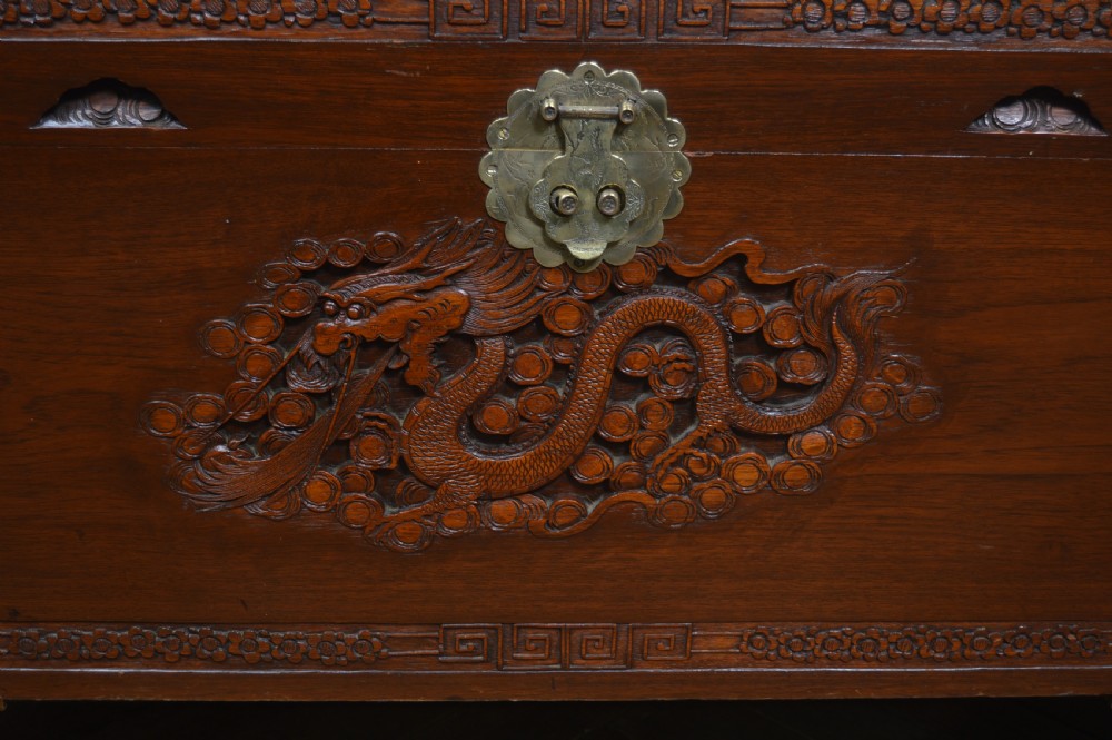 A carved warm brown camphor wood chest featuring a relief dragon motif on the front panel and a decorative circular brass clasp. View VI