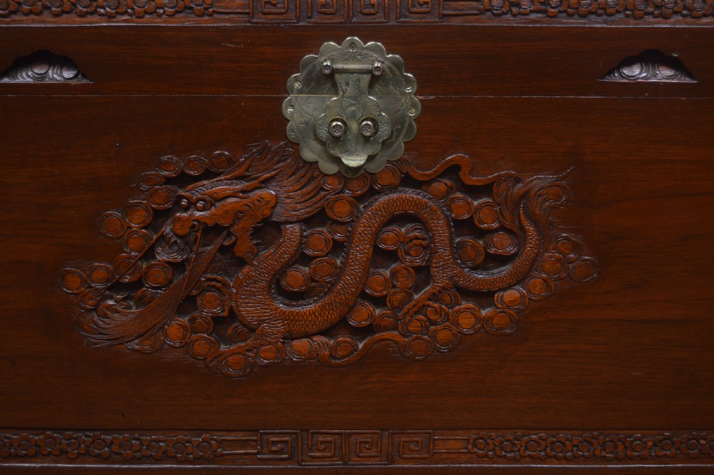A carved warm brown camphor wood chest featuring a relief dragon motif on the front panel and a decorative circular brass clasp. View XVII