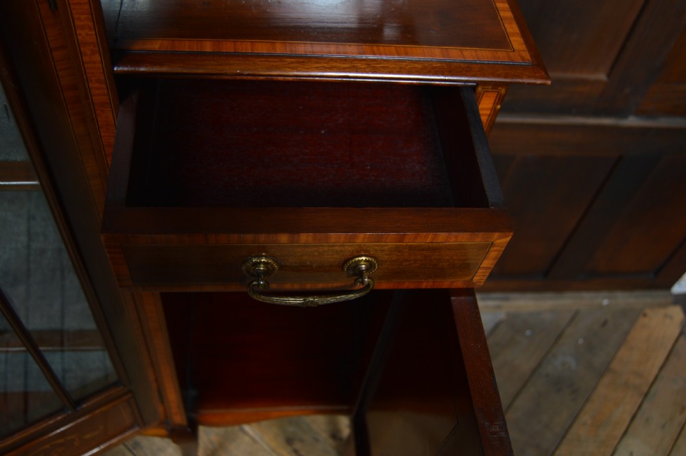 An Edwardian mahogany display cabinet featuring floral marquetry inlay, an oval mirror backdrop, astragal glazed central door, and slender cabriole legs. View XI