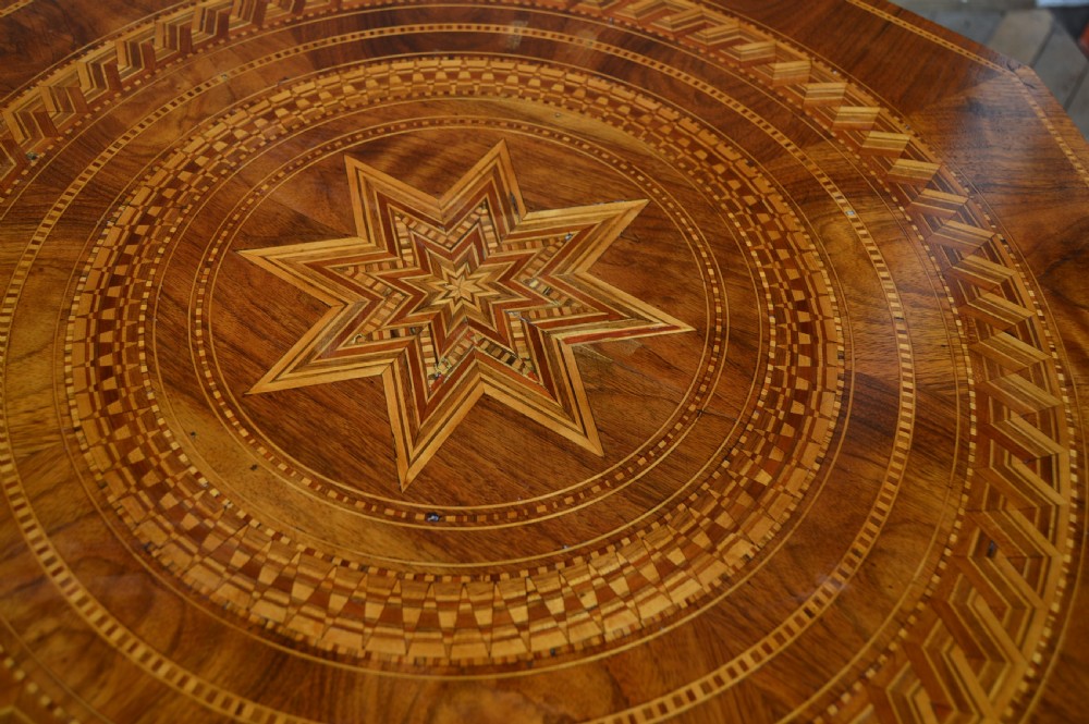 A Victorian octagonal Sorrento side table featuring intricate star marquetry, geometric inlays, a turned pedestal support, and a tripod base. View VI