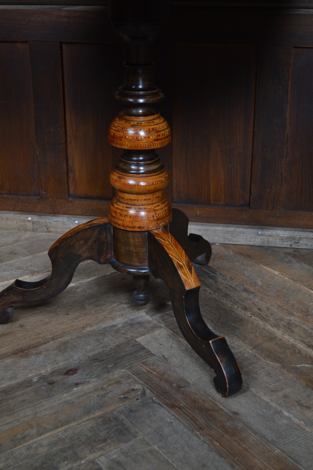 A Victorian octagonal Sorrento side table featuring intricate star marquetry, geometric inlays, a turned pedestal support, and a tripod base. View IX