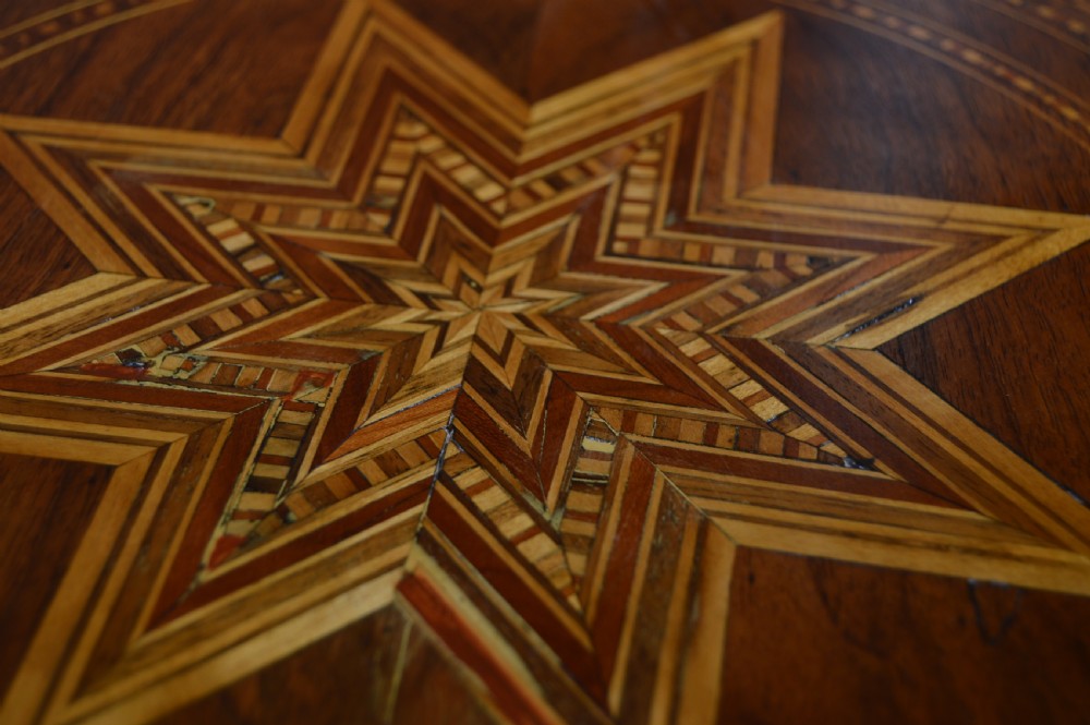A Victorian octagonal Sorrento side table featuring intricate star marquetry, geometric inlays, a turned pedestal support, and a tripod base. View XII