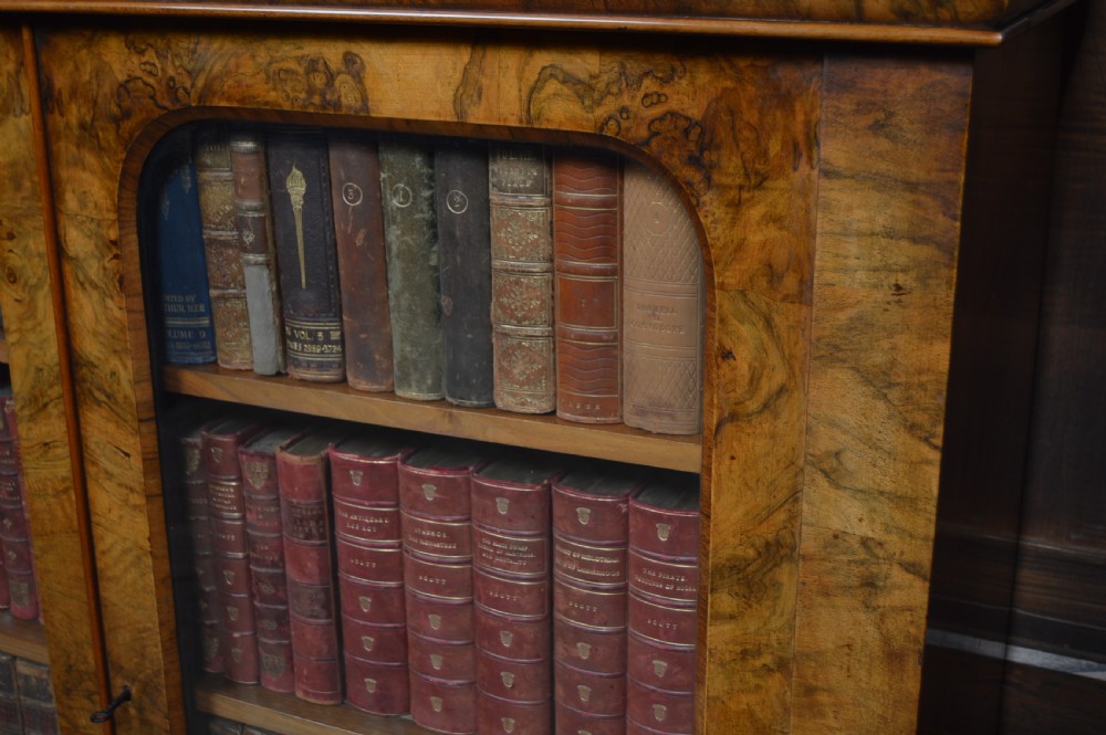 A Victorian burr walnut glazed bookcase featuring two rounded arch glass doors, adjustable interior shelves, and a moulded cornice. View III