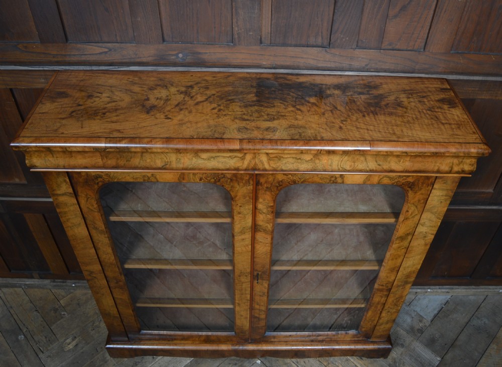 A Victorian burr walnut glazed bookcase featuring two rounded arch glass doors, adjustable interior shelves, and a moulded cornice. View XIII