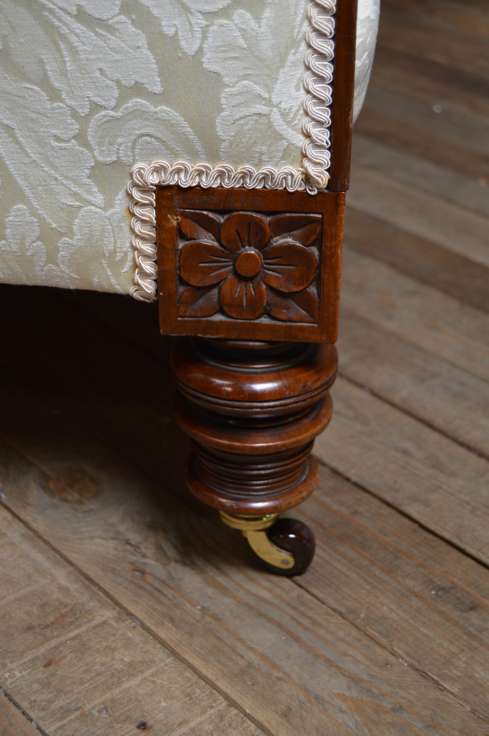 Victorian Oak Damask Sofa View VIII
