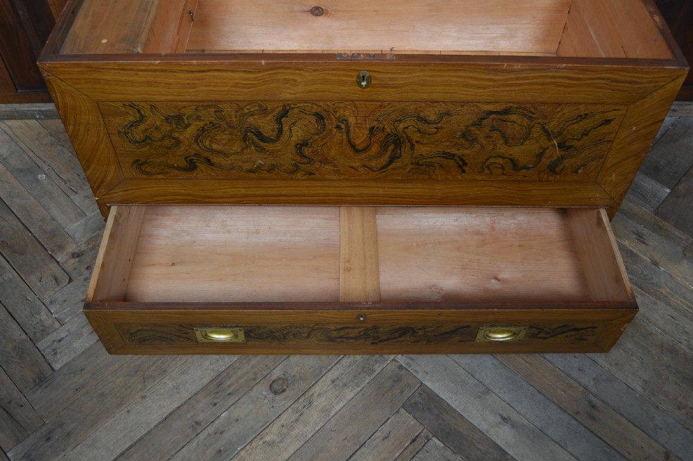 A Victorian scumbled painted wooden storage chest featuring decorative swirl faux-grain patterns, a lower drawer with brass recessed handles, and turned feet. View IX