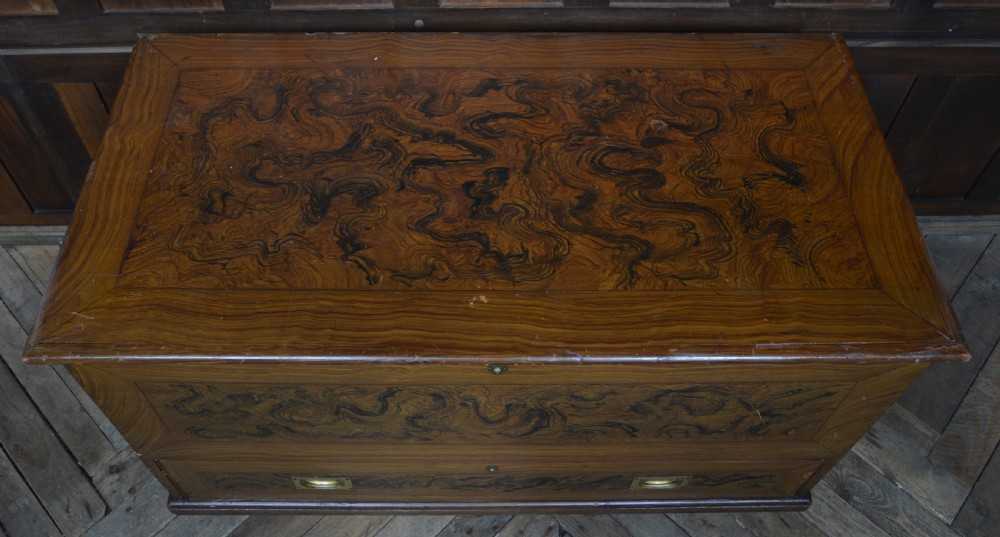 A Victorian scumbled painted wooden storage chest featuring decorative swirl faux-grain patterns, a lower drawer with brass recessed handles, and turned feet. View XII