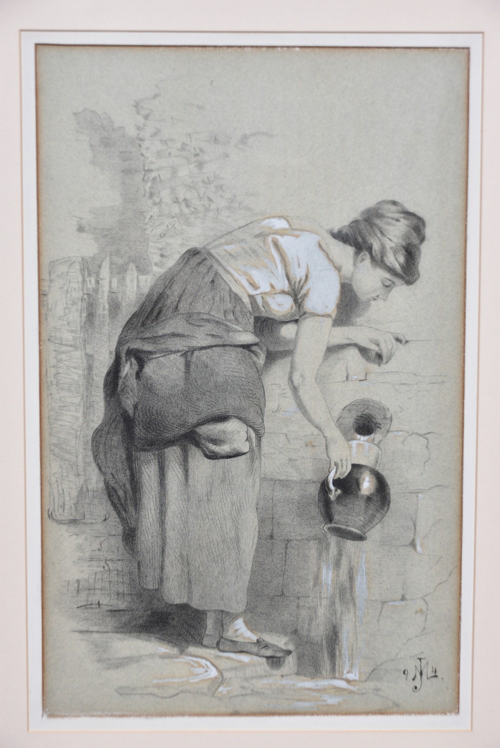 A framed 19th-century charcoal and chalk drawing depicting a young woman leaning over a stone water fountain with a pitcher, set within a cream mount and molded gold gilt frame. View III