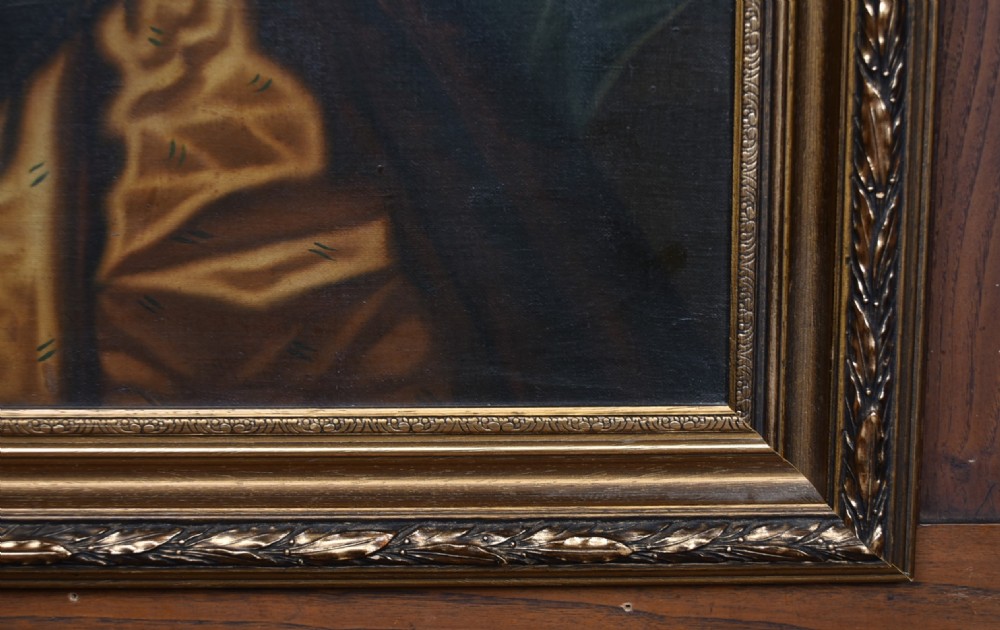 An oil painting on canvas featuring a female figure in classical dress holding a fruit bowl above her head, enclosed in an ornate gold-painted frame. View V
