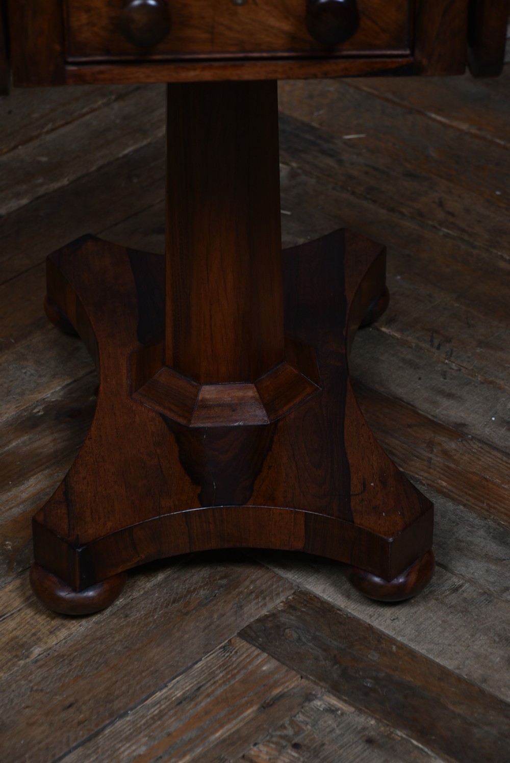 A Victorian rosewood drop-leaf work table featuring three drawers with turned wooden knobs and a central pedestal support on a shaped base. View XIV