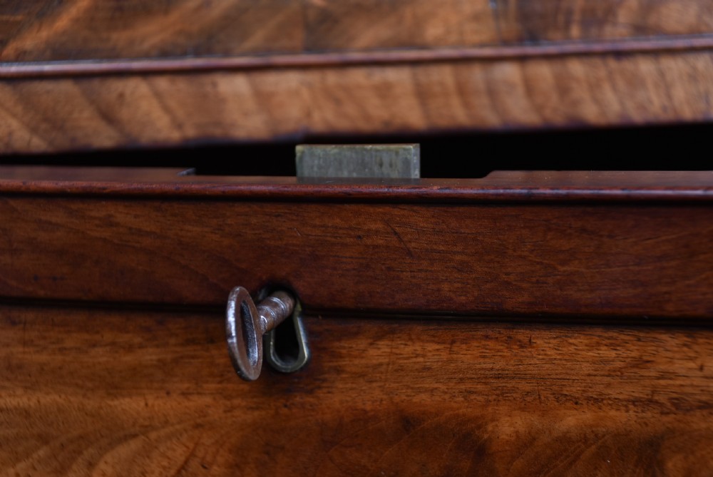 A Regency flame mahogany pedestal sideboard featuring side cupboard pedestals with spiral rope-twist columns, a central drawer section, brass ring handles, and a low rear gallery. View X