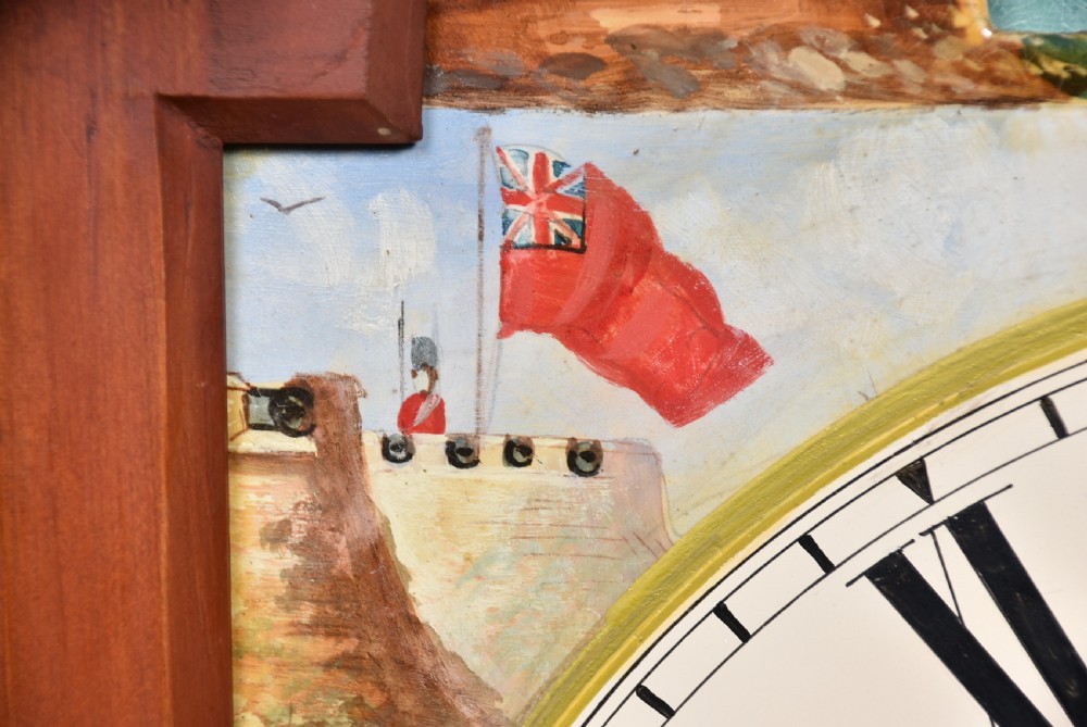 A nineteenth-century Scottish flame mahogany longcase clock featuring a swan-neck pediment, barley twist columns, and a hand-painted dial depicting sailing ships. View VIII
