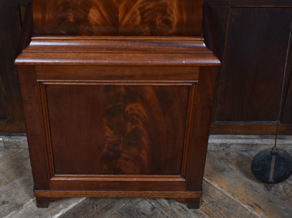 A nineteenth-century Scottish flame mahogany longcase clock featuring a swan-neck pediment, barley twist columns, and a hand-painted dial depicting sailing ships. View XVII