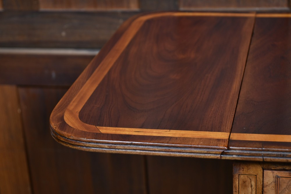 A Regency rosewood sofa table featuring a crossbanded drop-leaf top, shallow drawers with wooden knobs, curved trestle legs, and brass castors. View IV